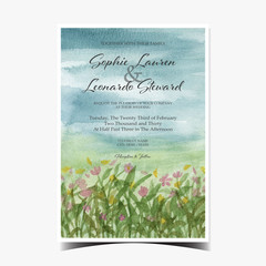 abstract watercolor wedding invitation card with spring scenery