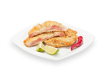 Delicious Crispy Chicken boneless drumstick in batter with lime slices