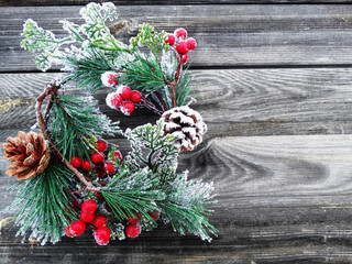 christmas fir tree branch with cones winter berries in snow