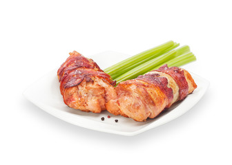 Delicious Bacon Wrapped Meat Roll Chicken with celery and pepper