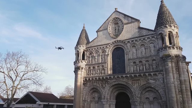 Drone Films The Église Notre-Dame la Grande Church In Poitiers, France.
