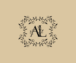 A, L and AL  Letter Classic Vintage Logo. Minimalist L With Classic Leaves  design perfect for fashion, Jewelry, Beauty Salon, Cosmetics, Spa, Hotel and Restaurant Logo or Label. 