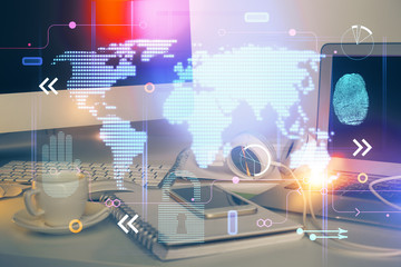 Multi exposure of table with computer and world map hologram. International data network concept.