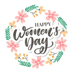 Fototapeta na wymiar 8 march. Happy Woman's Day Vector congratulation card with linear floral wreath