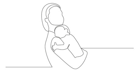 Woman holds her child in arms. Happy Mother day card. Continuous line drawing. Vector illustrati