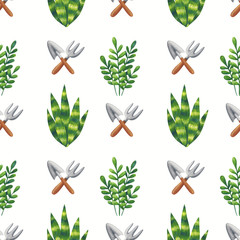 Plant cultivation. Seamless pattern of gouache illustrations. Garden shovel, rake, greenery, Bush. Cute print with white background. Botanical ornament about the love of   gardening. Spring mood