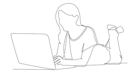 Woman is working a laptop. Girl browsing a laptop searching information online. Continuous line drawing. Vector illustration.