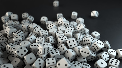 3d render many white dice with black dots lie on a black plate with the depth of field.