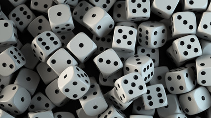 3d render many white dice with black dots lie on a black plate with the depth of field. Close-up