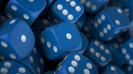 3d render many blue dice with white dots lie on a black plate with the depth of field. Close-up