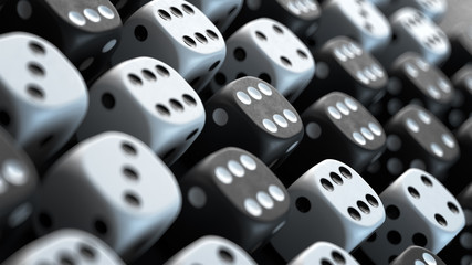 Tightly packed isometric grid of black and white dice. 3d render with depth of field. Close-up