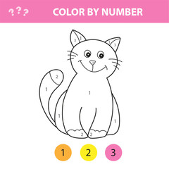 Cat - painting page, color by numbers. Worksheet for education. Game for preschool kids.