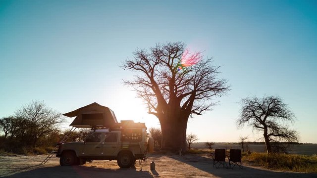 Static timelapse of a safari vehicle with rooftop tent in a rural African campsite silhouetted against a baobab tree at sunset, dip to black, Baines Baobab, Botswana. 