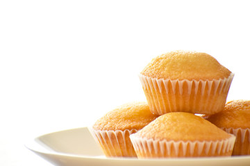 Muffin on a white plate on white background with copy space. Selective focus 
