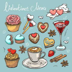 Valentine's day set with pastries, drinks and spices. Capcakes, cookies, sweets isolated on background.