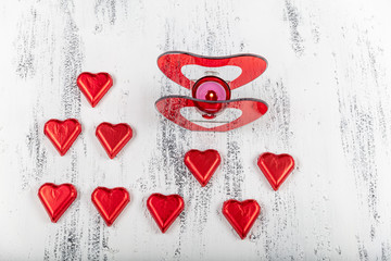 Valentine's Day heart- shaped chocolate candies. love concept for valentines day with sweet and...