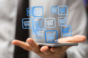 Shopping cart on digital tablet. Shopping online concept..