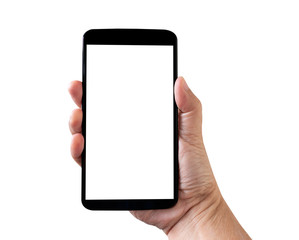 Isolated hand holding smartphone with white screen on white background.	