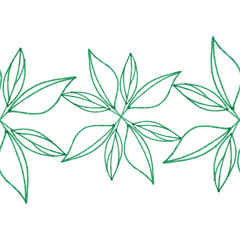 Seamless contour pattern of simple leaves of plants for wallpaper, packaging, fabric   on a white background. Leaves are drawn by a green liner