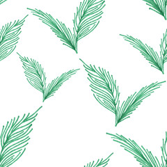 Background with horsetail stems. Seamless contour pattern of green horsetail stalks. Illustration for wallpaper,   packaging, fabric on a white background. Leaves are drawn by a green liner