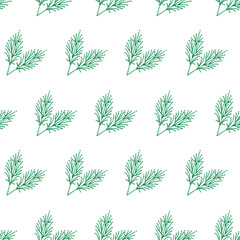 Seamless contour pattern of green coniferous leaves for wallpaper, packaging, fabric   on a white background. Leaves are drawn by a green liner