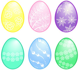 Set of colorful Easter eggs with different white pattern on a white background. Vector decorative elements for Happy Easter design, holiday greeting card, banner, flyer and label. Spring holiday