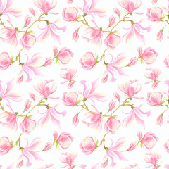 Rose magnolia spring seamless pattern on a white  background. Stock illustration hand painted in  watercolor.