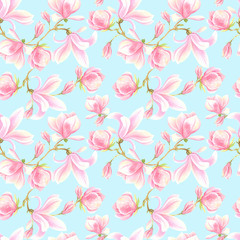 Rose magnolia spring seamless pattern on a blue  background. Stock illustration hand painted in  watercolor.