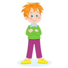 Funny little red-haired boy stands with his arms crossed. In cartoon style. Isolated on white background. Vector illustration.