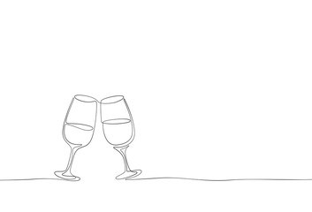Continuous one line drawing isolated on white background. Vector outline contour glasses of champagne sketch..