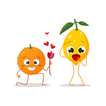 Cute characters with an offer to get married. An orange is kneeling with a bouquet of flowers in front of a lemon