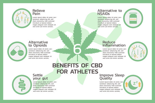 six benefits of CBD for athletes or Cannabidiol, Cannabis infographic information concept, hemp. flat vector symbol icon illustration design