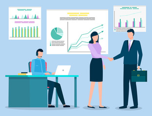 Business partners agreeing on workflow or project ideas. Handshake of man and woman wearing formal clothes holding briefcase. Secretary with charts and diagrams on board, vector in flat style