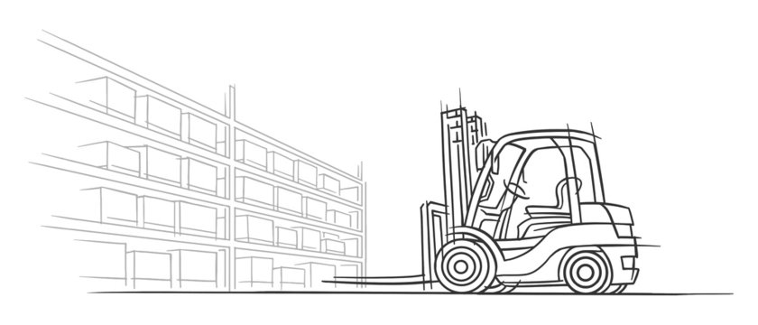 Forklift truck in warehouse sketch line illustration. Outline, isolated, vector, 2 layers. 