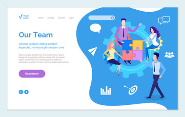 Fototapeta na wymiar Our team get best service online. Teamwork man and woman characters for business success. Colleagues male and female work together. Website or webpage template, landing page flat style vector
