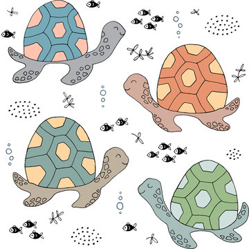 Seamless texture with sea turtle, fish and hand drawn elements.