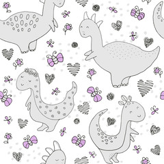 Seamless texture with funny dinosaurs and hand drawn elements.
