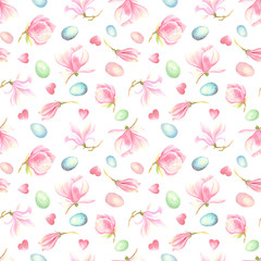 Rose magnolia and easter eggs spring seamless pattern on a white  background. Stock illustration hand painted in  watercolor.