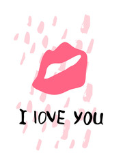 Happy Valentine's Day greeting card. Hand drawn ink illustration. Grunge texture, lettering.