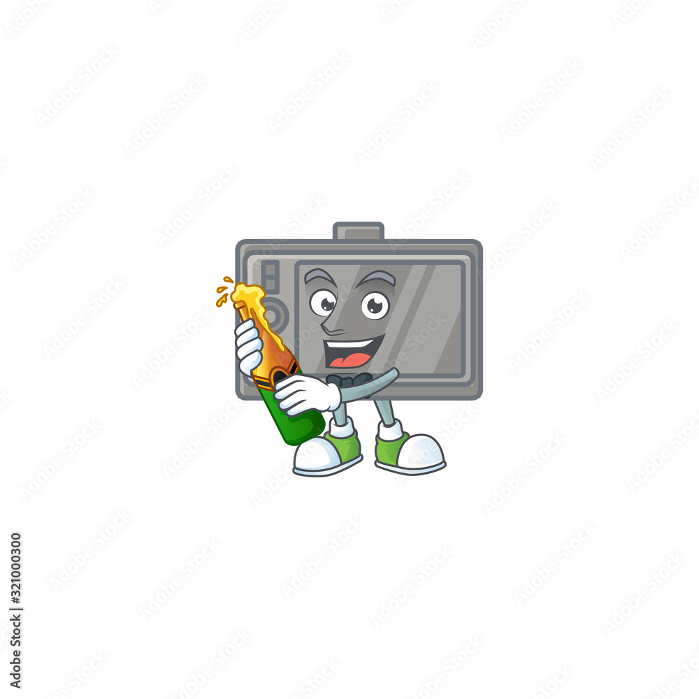 Sticker mascot cartoon design of wacom having a bottle of beer