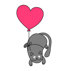 Valentine Heart shape ballon and cat - doodle character, funny flying kitty. Good for poster, wallpaper, t-shirt, gift, greeting card, coloring book, holiday gift or cat lover quotes.