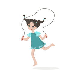 Vector nice cartoon girl jumping rope. Cheerful child ona white background. Happy childhood and activity.