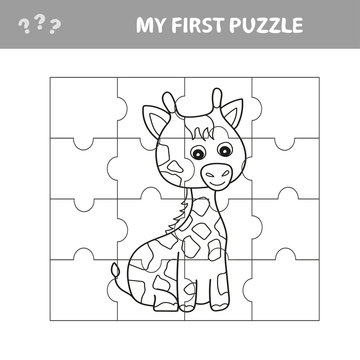 Education paper game for children, Giraffe. Create the image - my first puzzle and coloring book for kids