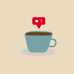 Hand drawn doodle vector illustration of blue cup with hot coffee steam in form of social media like symbol with heart. Valentine romantic concept. Creative poster for cafes