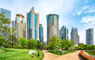 Architectural landscape and urban street of Lujiazui office building in Shanghai..