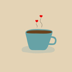 Hand drawn doodle vector illustration of blue cup with hot coffee steam with two hearts. Valentine romantic love concept. Creative poster for cafes