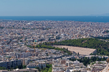 Athens Greece cityscape with the ancient stadium and Saronic golf in the background