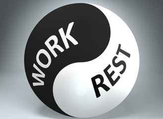Work and rest in balance - pictured as words Work, rest and yin yang symbol, to show harmony between Work and rest, 3d illustration
