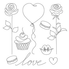 vector monochrome collection of different St. Valentine's day attributes drawn in one line style. 