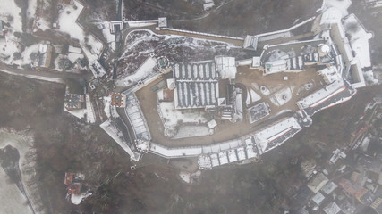 Aerial view of Salzburg old town and Hohensalzburg Fortress. View on City and river from above 